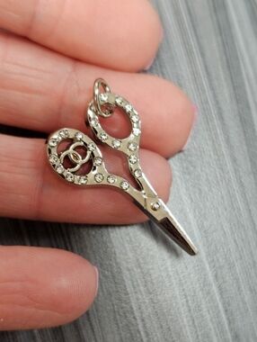 CHANEL Stamped Silver Crystal Scissors Replacement Charm with Interlocking CC